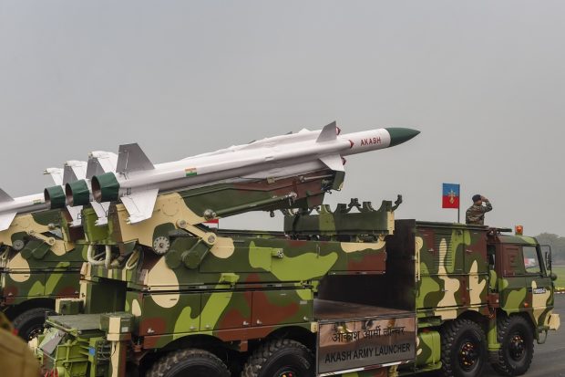 Akash Missile system on display during the full dress rehearsal for the Army Day Parade, at Army Parade Ground in New Delhi. (PTI Photo)