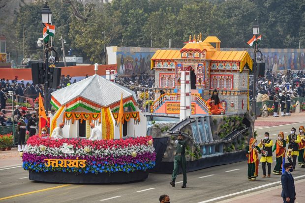 Uttarakhand tableau during the Republic Day Parade 2022, at Rajpath in New Delhi. (PTI Photo)