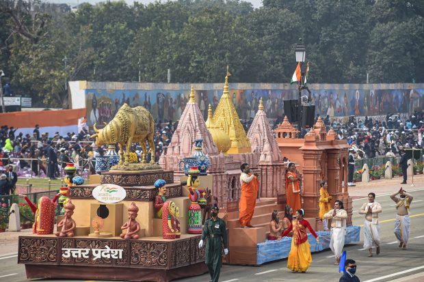 Uttar Pradesh tableau during the Republic Day Parade 2022, at Rajpath in New Delhi. (PTI Photo)