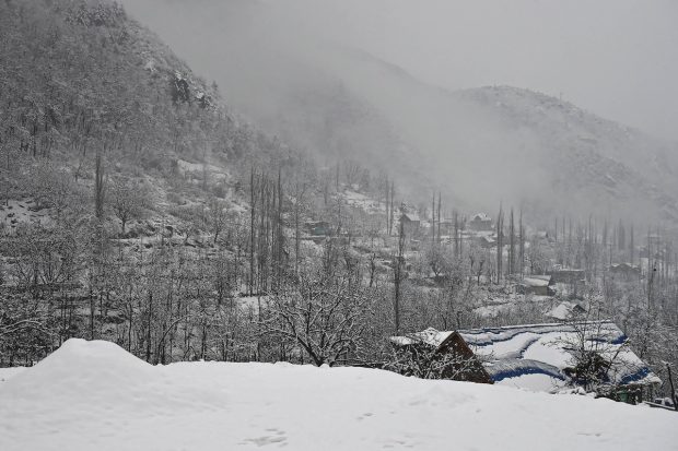 Snow laden houses and trees in a locality during season's first snowfall, on the outskirts of Srinagar. (PTI Photo)
