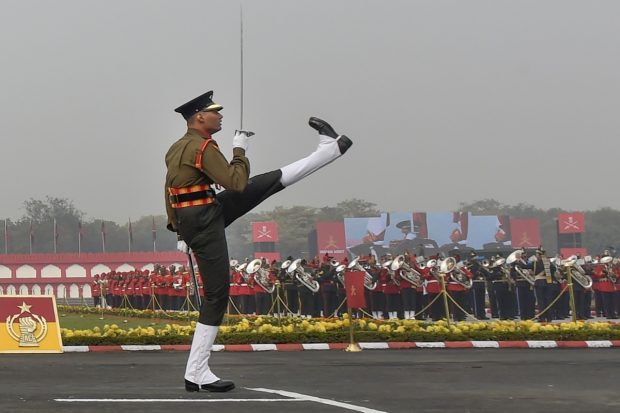 Marching contingent of the Indian Army during the full dress rehearsal for the Army Day Parade, at Army Parade Ground in New Delhi. (PTI Photo)