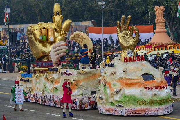 A tableau of Ministry of Law and Justice during the Republic Day Parade 2022 at Rajpath in New Delhi. (PTI Photo)