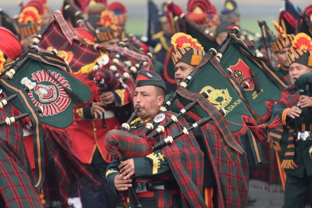 An Indian Army band performs during the full dress rehearsal for the Army Day Parade, at Army Parade Ground in New Delhi. (PTI Photo)