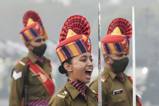 Lt Manisha Bohra of AOC Contingent gives a command during the full dress rehearsal for the Army Day Parade, at Army Parade Ground in New Delhi. (PTI Photo)