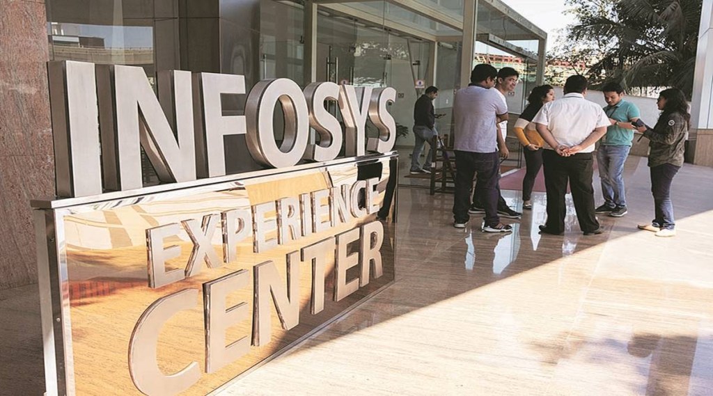 Employees chat outside the Infosys Experience Center at the Infosys Ltd. campus in the Electronics City information technology hub in Bengaluru, India, on Thursday, Jan. 10. 2019. Asia’s largest software outsourcing provider that is wrestling with clients' changing technology needs and a shift toward automation reports quarterly profits on Nov. 11. Photographer: Karen Dias/Bloomberg
