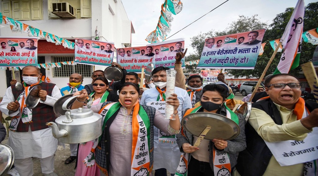 Nationalist Congress Party (NCP) activists beat utensils during a protest against the NDA government over unemployment issue, in Patna (Image: PTI) Nationalist Congress Party (NCP) activists beat utensils during a protest against the NDA government over unemployment issue, in Patna (Image: PTI)