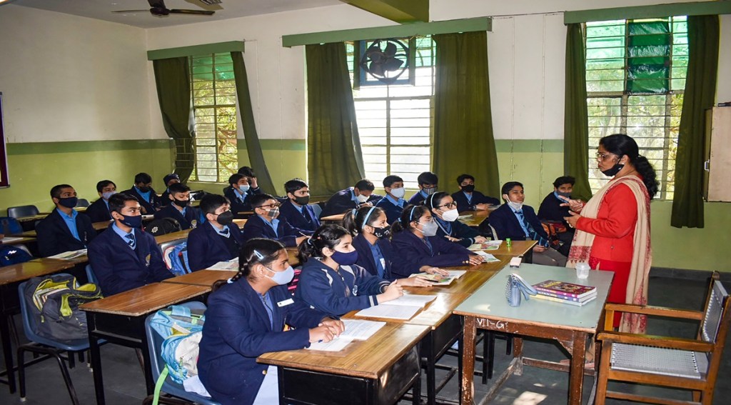 Children attend a class after schools reopen in Meerut, Uttar Pradesh (PTI Image) Children attend a class after schools reopen in Meerut, Uttar Pradesh (PTI Image)