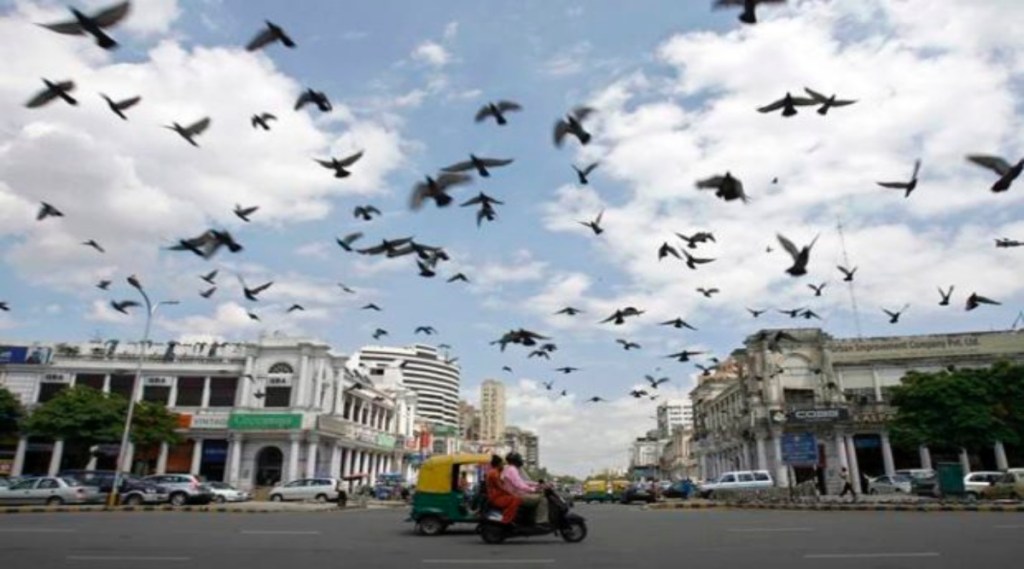 Pigeons fly as clouds gather over New Delhi's Connaught Place July 16, 2009. India's monsoon rains were six percent above normal in the week to July 15, rebounding after a prolonged weak patch, the weather office said on Thursday. REUTERS/Buddhika Weerasinghe (INDIA ENVIRONMENT ANIMALS SOCIETY) - RTR25Q0L