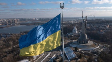 A view of Ukraine's national flag waves above the capital with the Motherland Monument (right) in Kyiv. (AP) A view of Ukraine's national flag waves above the capital with the Motherland Monument (right) in Kyiv. (AP)