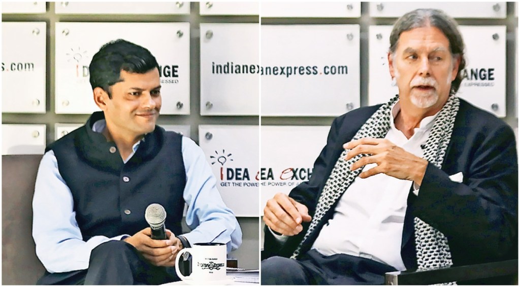 Walter J Lindner, German Ambassador to India, in conversation with Shubhajit Roy, Deputy Chief of National Bureau, The Indian Express (Image: Abhinav Saha)