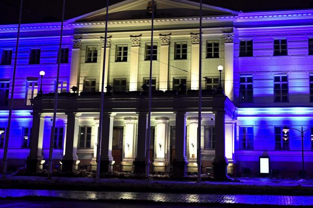 General view of the Helsinki's townhall lighted in colours of Ukraine's flag in solidarity with the country after Russia launched a massive military operation against Ukraine in Helsinki, Finland. (Reuters Photo)