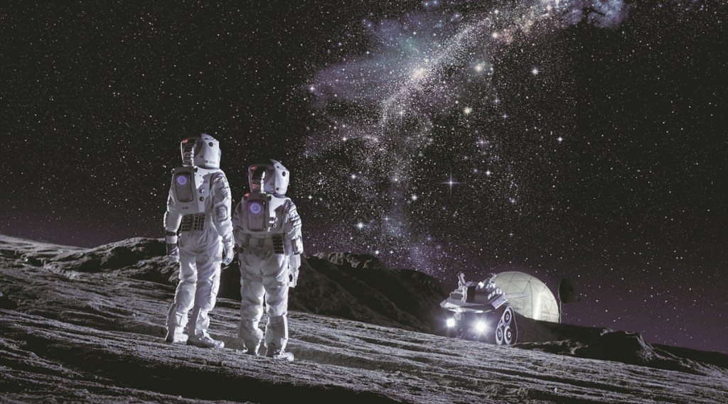 Two Astronauts in Space Suits Stand on the Planet and Looking at the The Milky Way Galaxy. In the Background Lunar Base with Geodesic Dome. Moon Colonization and Space Travel Concept.