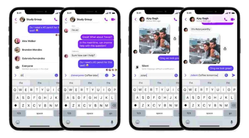 Users can also utilise shortcuts to message a user or a group without notifying them with a silent command. (Image Credits: Facebook)