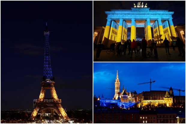 Landmark buildings around the world light up in the colors of the Ukrainian Flag in a show of support. Let us take a look at some of the images of some famous buildings around the world: