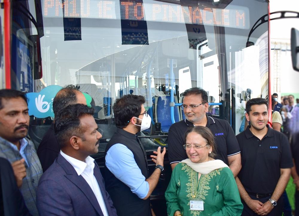 Maharashtra’s minister of tourism, environment & protocol Aaditya Thackeray (centre) unveils EKA electric bus on Saturday.