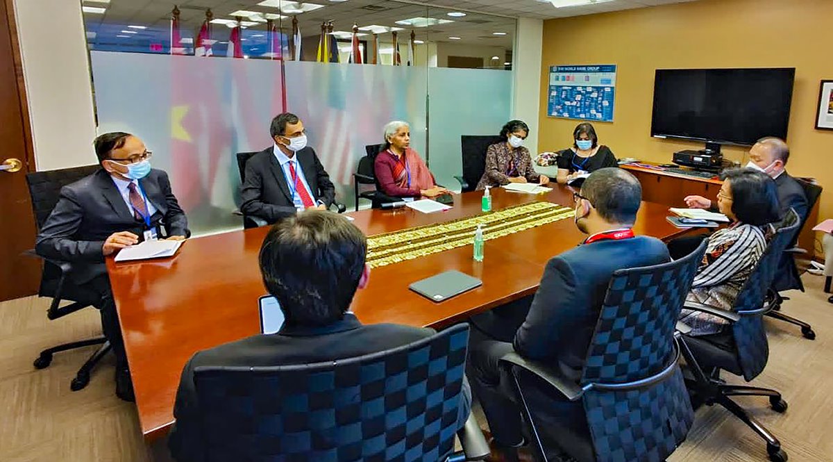 Union finance minister Nirmala Sitharaman at a meeting on the sidelines of G20 Finance Ministers and Central Bank Governors Meeting in Washington DC (PTI Image)