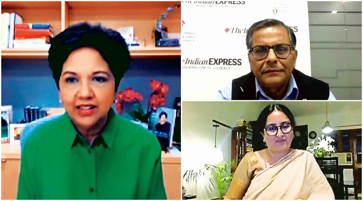 Indra Nooyi, former chairman and CEO, PepsiCo, with Shyamal Majumdar, Editor, Financial Express, and Vandita Mishra, National Opinion Editor, The Indian Express