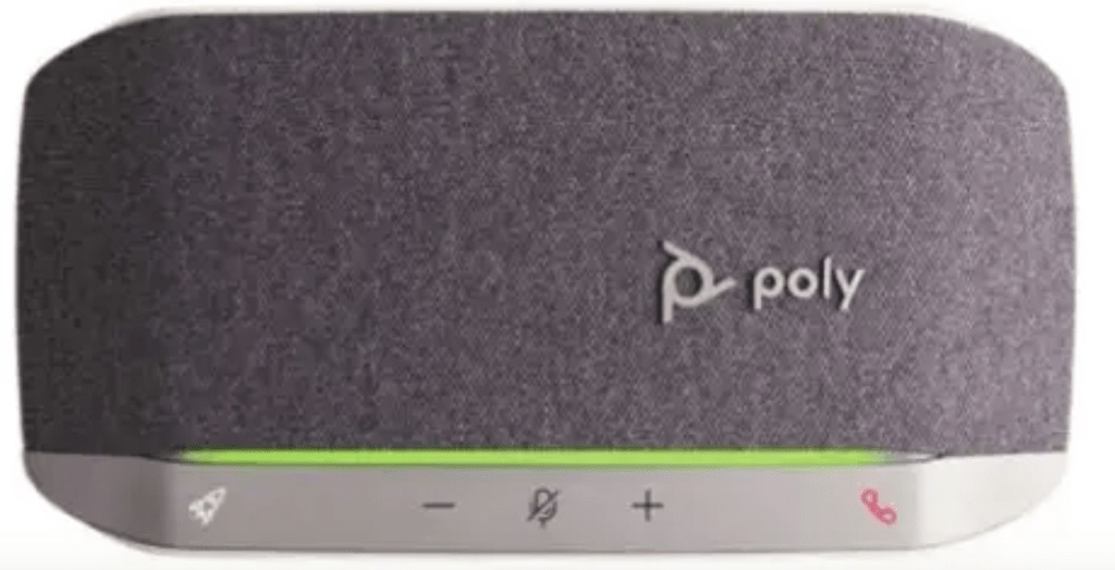 The Poly Sync 20 is a simple looking device with a silver bezel and a fabric mesh speaker cover.