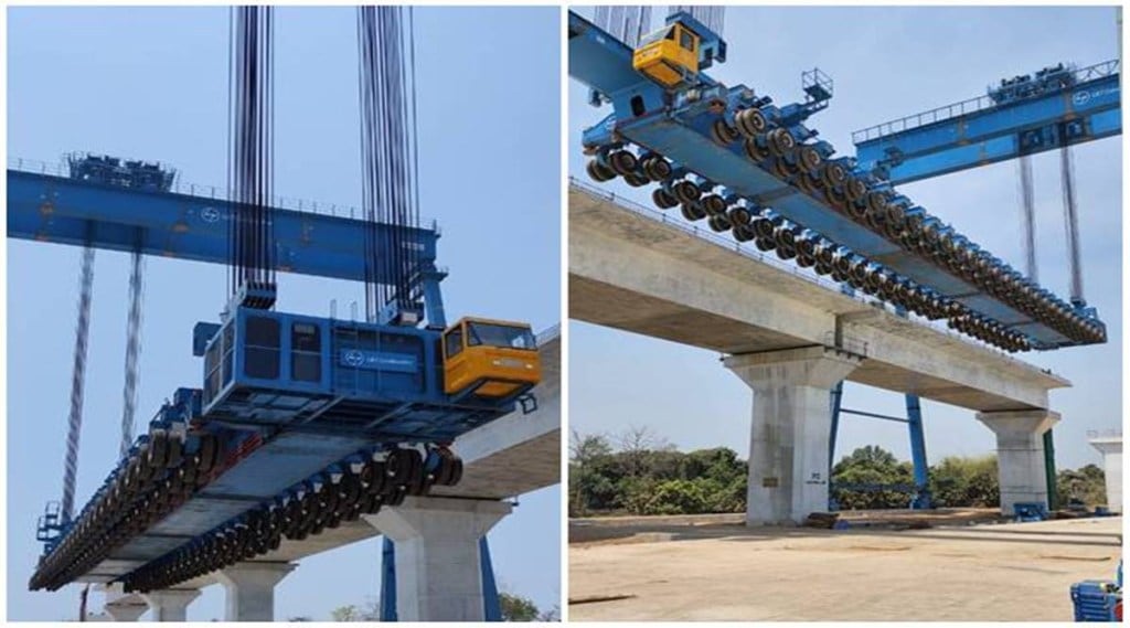 The state-of-the-art girder launcher machines are being utilized on viaducts of the Bullet Train project. The state-of-the-art girder launcher machines are being utilized on viaducts of the Bullet Train project.