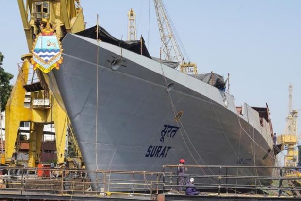 'Surat' is the fourth ship of Project 15B Destroyers, which heralds a significant makeover of the P15A (Kolkata Class) destroyers, and is named after the commercial capital of Gujarat and also the second largest commercial hub of western India after Mumbai. (Image: Twitter/Rajnath Singh)