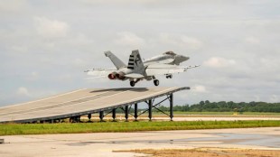 During the trials the manufacturers are demonstrating the compatibility of their machines with the Indian Navy’s aircraft carrier which uses the Ski-jump to launch the aircraft.
