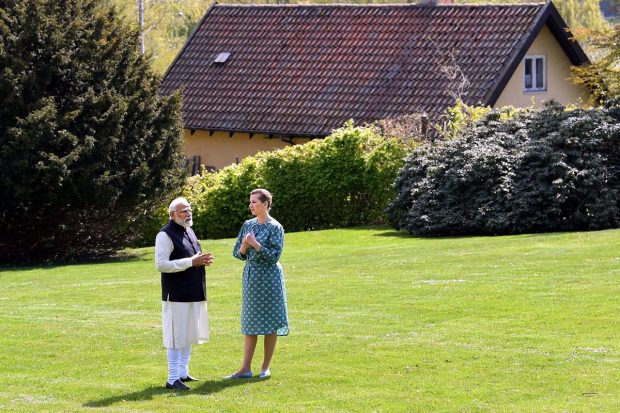 At Marienborg, Frederiksen gave a tour of her official residence to Modi, who spotted a Pattachitra painting from Odisha depicting ‘Ram Durbar' which was gifted by him when she had visited India last year. (PTI Photo)