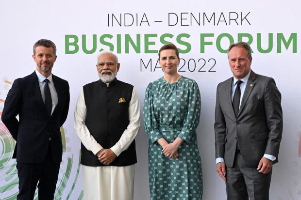 Prime Minister Narendra Modi, second from left, poses for a family photo with, from left, Danish Crown Prince Frederik, Danish Prime Minister Mette Frederiksen and CEO of the Confederation of Danish Industries Lars Sandahl Sorensen, at the Danish Industries headquarters, in Copenhagen, Denmark. Modi is on a two-day visit to Denmark. (AP Photo)