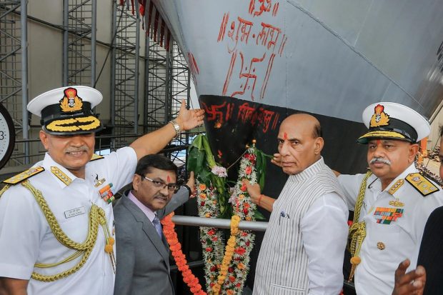 Defence Minister Rajnath Singh said the two warships will add might to the Indian Navy's arsenal and represent to the world India's strategic strength as well as the power of self-reliance. (PTI Photo)
