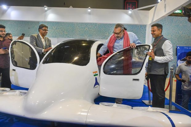 Union Minister for Panchayati Raj Giriraj Singh during the Bharat Drone Mahotsav, India's largest drone festival, at Pragati Maidan in New Delhi. (PTI Photo)