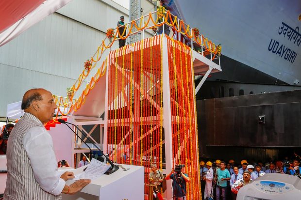 Defence Minister Rajnath Singh on Tuesday launched two indigenously built warships 'Surat' and 'Udaygiri' at the Mazagon Docks in Mumbai, and said this will “add might” to the Navy's arsenal and represent India's strategic strength before the world. This is the first time that two indigenously built warships have been launched concurrently, the Mazagon Dock Shipbuilders Ltd (MDL) said. (PTI Photo)
