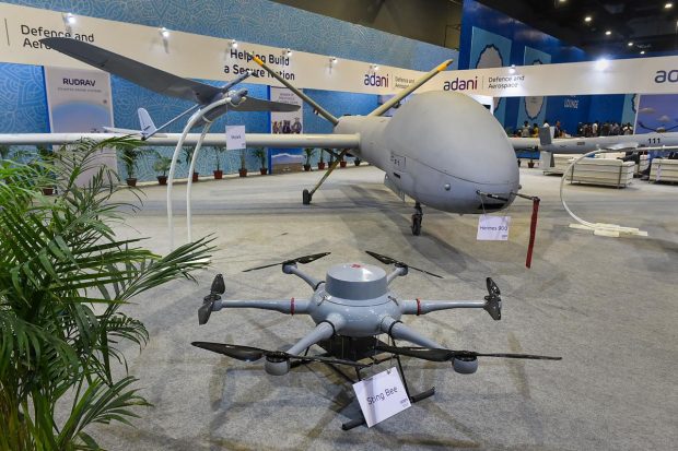 A drone on display at the Bharat Drone Mahotsav, India's largest drone festival, at Pragati Maidan in New Delhi. (PTI Photo)