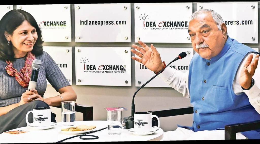 Congress leader Bhupinder Singh Hooda in conversation with Manraj Grewal Sharma at the Idea Exchange. (Express photo by Renuka Puri)