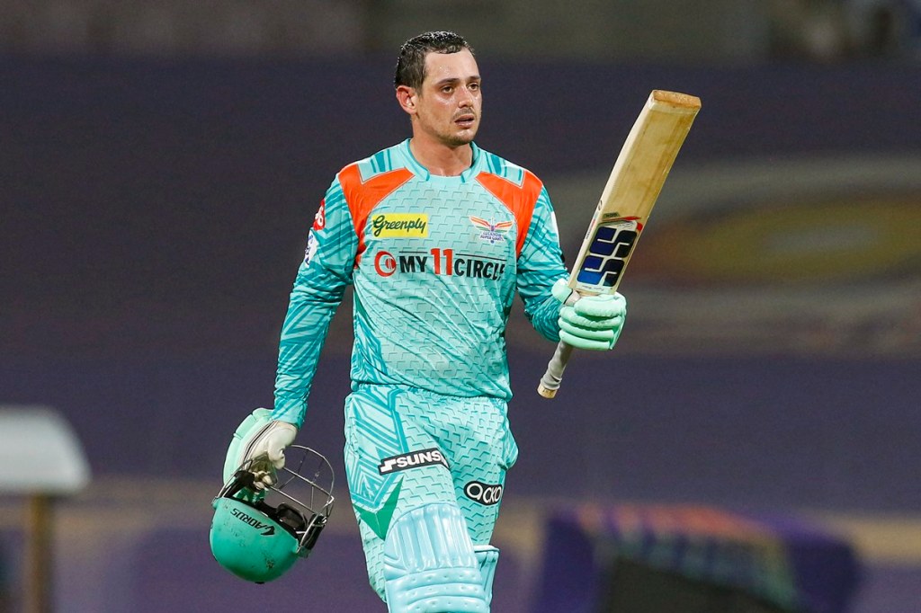 Quinton De Kock of Lucknow Super Giants celebrates century against Kolkata Knight Riders during IPL 2022