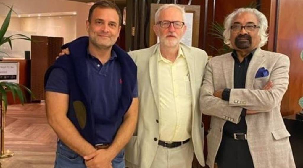 Congress leader Rahul Gandhi with UK opposition leader Jeremy Corbyn (centre) and Sam Pitroda (Twitter @INCOverseas) Congress leader Rahul Gandhi with UK opposition leader Jeremy Corbyn (centre) and Sam Pitroda (Twitter @INCOverseas)