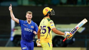 Riley Meredith of Mumbai Indians celebrates the wicket of Shivam Dube of Chennai Super Kings during the 59th T20 cricket match of the Indian Premier League 2022