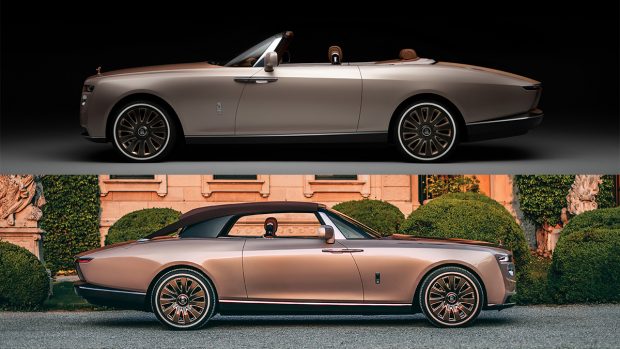 This hand-built Rolls-Royce is a convertible. So, with the press of a button, the roof can be retracted, allowing the occupants to let the air run through their hair. It gets 21-inch alloys with a simple design but plenty of highlights to draw the eyes. The white sidewall of the tyre and the rose gold finish on the edge of the openings do add a sense of movement to the wheels.