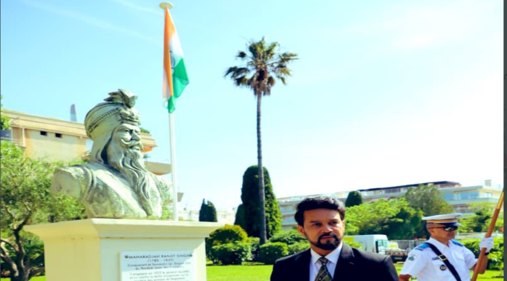 Minister Anurag Thakur at Saint Tropez in front of Maharaja Ranjit Singh statue.