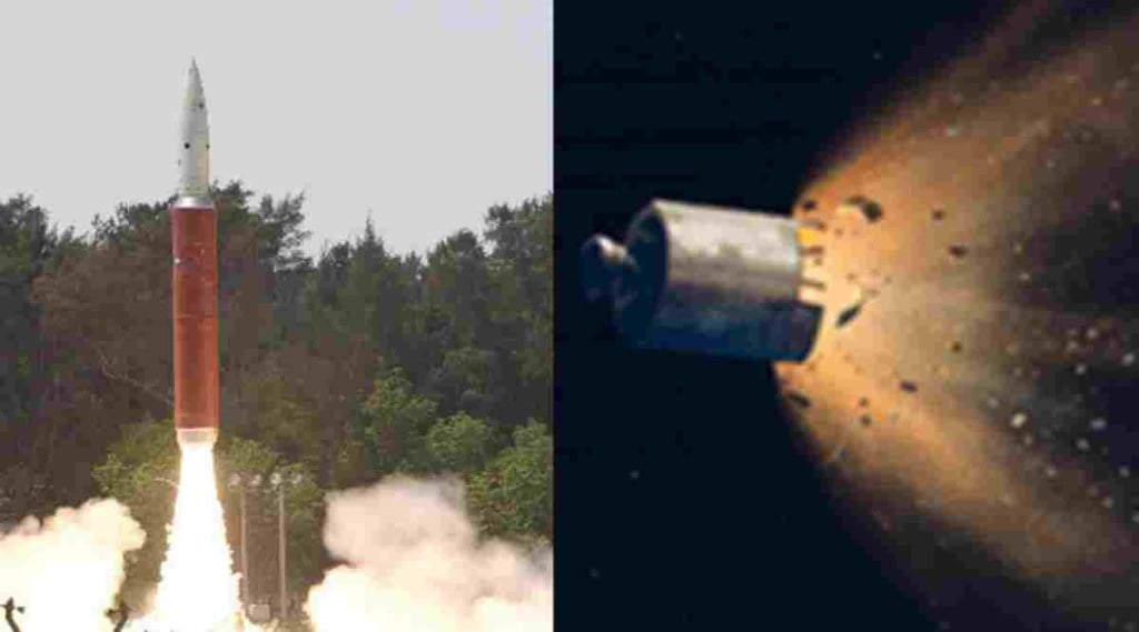 ASAT missile launch (PIB) and an artist conception of a satellite breakup, generating debris (NASA)