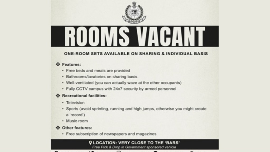 The post lists features of these “one-room sets” which are available on “sharing and individual basis”. They include free beds, meals, CCTV campus and round-the-clock security by armed personnel. The post lists features of these “one-room sets” which are available on “sharing and individual basis”. They include free beds, meals, CCTV campus and round-the-clock security by armed personnel.