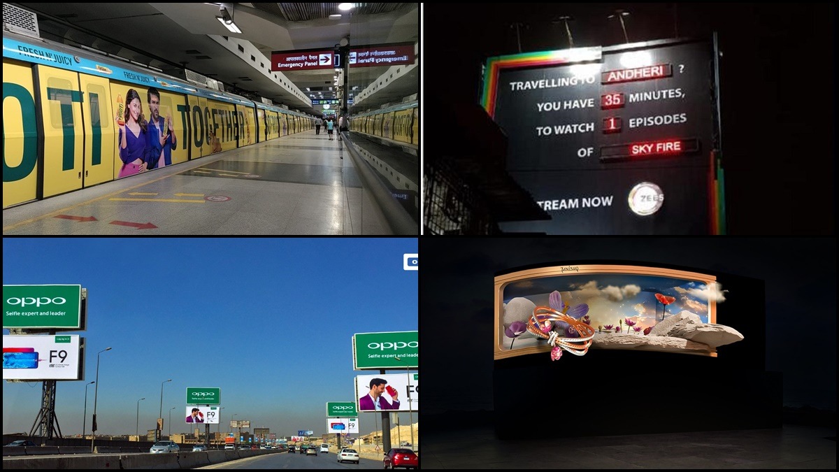 (Clockwise from top) Frooti wrap advertising on a Delhi Metro train, a Zee5 dynamic billboard in Mumbai, Oppo billboards along the highway, and a Tanishq 3D digital screen
