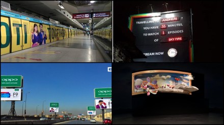 (Clockwise from top) Frooti wrap advertising on a Delhi Metro train, a Zee5 dynamic billboard in Mumbai, Oppo billboards along the highway, and a Tanishq 3D digital screen