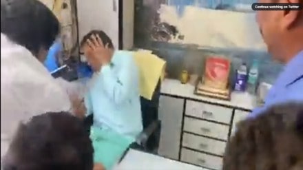 Ambekar filed a complaint at the Khadak police station that he was assaulted at his Pune office. (screengrab from video posted on Chandrakant Patil official Twitter page)