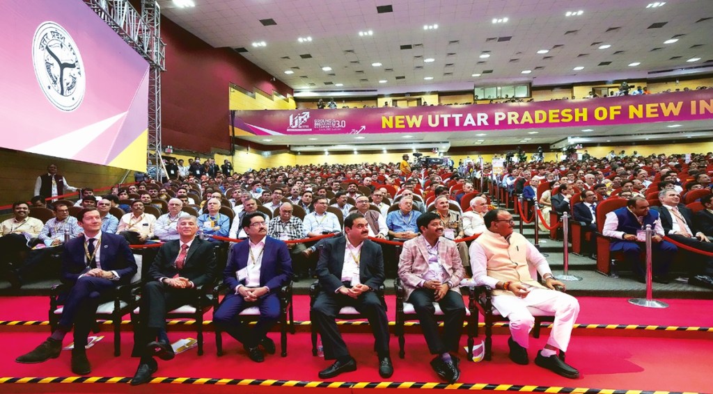 (From left) Industry leaders Niranjan Hiranandani, Kumar Mangalam Birla and Gautam Adani sit with Uttar Pradesh ministers at the ground breaking ceremony of the UP Investors Summit in Lucknow on Friday (AP photo)