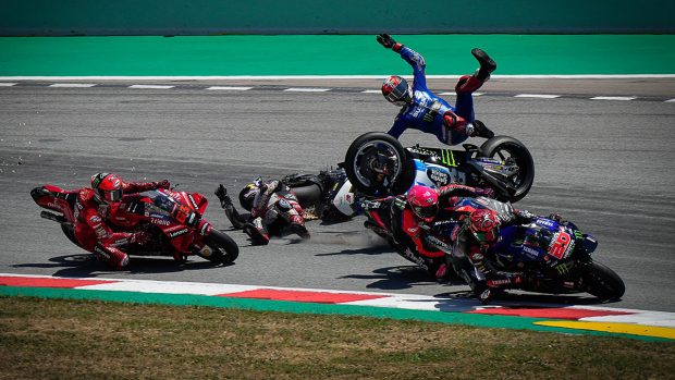 Catalan GP crash involving Nakagami, Rins and Bagnaia