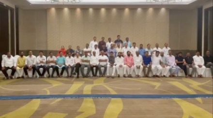 Eknath Shinde with rebels MLAs at Radisson Blu hotel in Guwahati. (PTI)