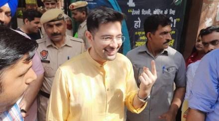 AAP MP Raghav Chadha casts his vote. (Express photo) AAP MP Raghav Chadha casts his vote. (Express photo)