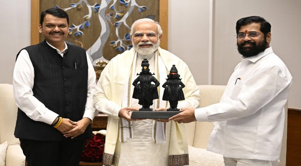Prime Minister Narendra Modi with Maharashtra Chief Minister Eknath Shinde and Deputy Chief Minister Devendra Fadnavis during their meeting in New Delhi (PTI Image)