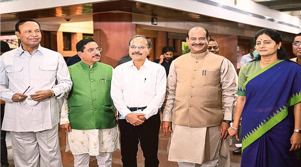 (From left) DMK leader TR Baalu, Union minister Pralhad Joshi, Congress leader Adhir Chowdhury, LS Speaker Om Birla and Union minister Anupriya Patel in Parliament on Saturday (PTI Image)