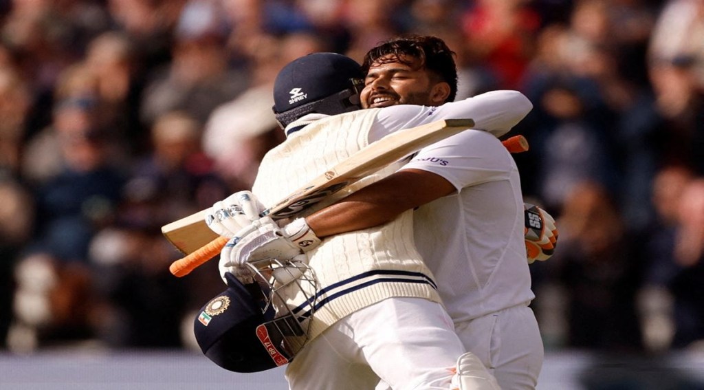 Rishabh Pant celebrates reaching his century with Ravindra Jadeja at the Fifth Test - England v India - in Birmingham (Reuters image) Rishabh Pant celebrates reaching his century with Ravindra Jadeja at the Fifth Test - England v India - in Birmingham (Reuters image)