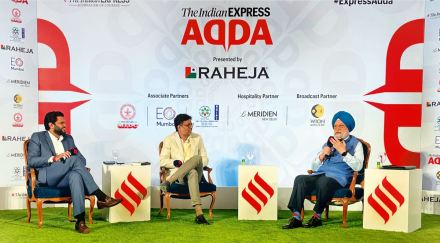 (From right) Union Minister Hardeep Singh Puri with P Vaidyanathan Iyer, Executive Editor, The Indian Express, and Anant Goenka, Executive Director, The Indian Express